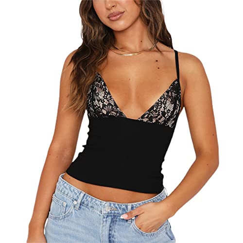 Loalirando Damen Y2K Ärmellos Crop Top V-Ausschnitt Lace Bodycon Tank Top Streetwear (Schwarz, M) von Loalirando