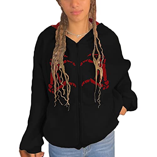 Loalirando Damen Y2K Langarm Hoodie mit Skelettdruck Zip Up Oversized Kapuzenpullover E-Girl Gothic Harajuku Streetwear(Schwarz-I,M) von Loalirando