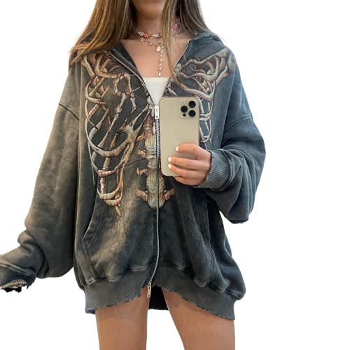 Loalirando Damen Y2K Langarm Hoodie mit Skelettdruck Zip Up Oversized Kapuzenpullover E-Girl Gothic Harajuku Streetwear (Grau, 2XL) von Loalirando