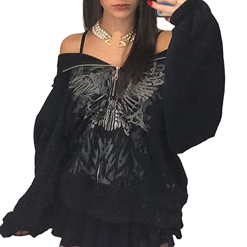 Loalirando Damen Y2K Langarm Hoodie mit Skelettdruck Zip Up Oversized Kapuzenpullover E-Girl Gothic Harajuku Streetwear (Schwarz A, L) von Loalirando