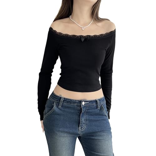 Loalirando Damen Y2K Schulterfrei Oberteil Langarm Slim Fit Bauchfrei Crop Top Streetwear (Schwarz, S) von Loalirando