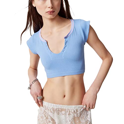 Loalirando Damen Y2K V-Ausschnitt Crop Top Sexy Bodycon Bauchfrei Kurzarm Oberteil Streetwear(Blau-A,S) von Loalirando