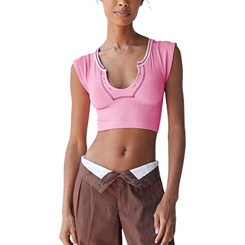 Loalirando Damen Y2K V-Ausschnitt Crop Top Sexy Bodycon Bauchfrei Kurzarm Oberteil Streetwear(Rosa-B,S) von Loalirando