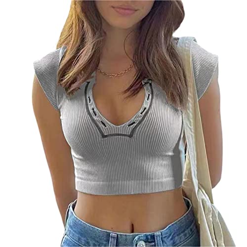 Loalirando Damen Y2K V-Ausschnitt Crop Top Sexy Bodycon Bauchfrei Kurzarm Oberteil Streetwear (Grau, M) von Loalirando