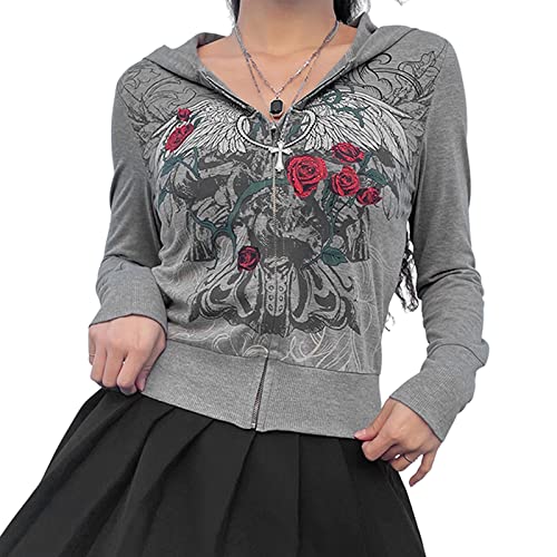 Loalirando Damen Y3K Langarm Hoodie mit Skelettdruck Zip Up Oversized Kapuzenpullover E-Girl Gothic Harajuku Streetwear(Grau-A,M) von Loalirando