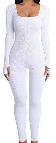 Loalirando Damen Yoga Jumpsuit Langarm Gerippte Strick Sport Lang Jumpsuit Einteiler Overall Sexy Bodycon Ganzkörper Body Trainingsanzug (Weiß, M) von Loalirando