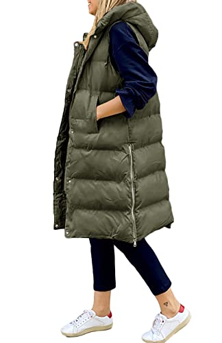 Loalirando Elegant Damen Daunenweste Lang Übergangsjacke mit Kapuze Winter Mantel Vest Ärmellose Warmer Daunenmantel mit Taschen (Armeegrün, XL) von Loalirando