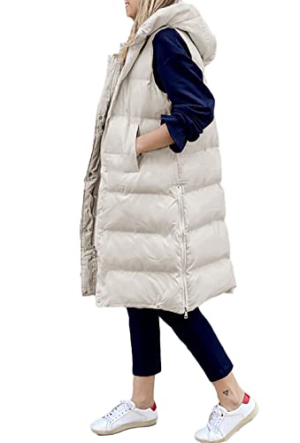 Loalirando Elegant Damen Daunenweste Lang Übergangsjacke mit Kapuze Winter Mantel Vest Ärmellose Warmer Daunenmantel mit Taschen (Beige, XL) von Loalirando