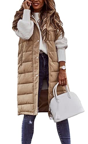 Loalirando Elegant Damen Daunenweste Lang Übergangsjacke mit Kapuze Winter Mantel Vest Ärmellose Warmer Daunenmantel mit Taschen (Khaki 1, L) von Loalirando