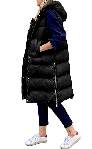 Loalirando Elegant Damen Daunenweste Lang Übergangsjacke mit Kapuze Winter Mantel Vest Ärmellose Warmer Daunenmantel mit Taschen (Schwarz, S) von Loalirando