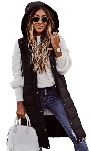 Loalirando Elegant Damen Daunenweste Lang Übergangsjacke mit Kapuze Winter Mantel Vest Ärmellose Warmer Daunenmantel mit Taschen (Schwarz 1, L) von Loalirando