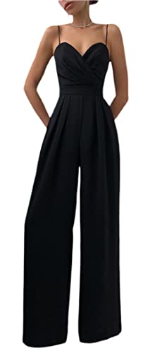 Loalirando Elegant Damen Jumpsuit Satin Hosenanzug Ärmellos Playsuit Hochzeit Business Anzug Overall Frühling Einteiler (Schwarz, L) von Loalirando