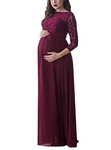 Loalirando Elegant Damen Umstandsmode Kleid Maxi Spitzenkleid Party Schwangerschaft Mutterschaft Fotografie Kleid (L, Weinrot) von Loalirando