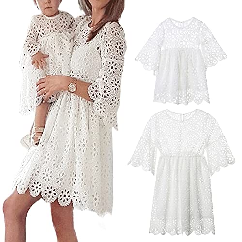 Loalirando Kleid Mutter und Tochter gleich elegant Zeremonie Spitzenkleid Einfarbig Lange Ärmel für Mutter und Tochter Geburtstagsfeier S-XL 0-5 Jahre, A-Weiß-Mama, M von Loalirando