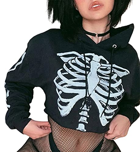 Loalirando Halloween Damen Sweatshirt mit Skull Gesichtsmaske Metall Quaste Kette Hoodie Kapuzenpullover Kurz Bauchfrei Pullover Langarm Crop Tops (Totenkopf Druck, S) von Loalirando