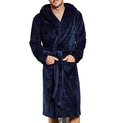 Loalirando Herren Plus Size Winter Bademantel V-Ausschnitt Langarm Schlafmantel Casual Lang Morgenmantel mit Tasche(M-2XL) (Blau, L) von Loalirando