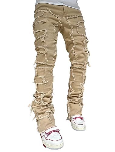 Loalirando Herren Trendy Elastische Patch Jeans Skinny Stretch Gerade Denim Hosen Streetwear (Khaki, S) von Loalirando