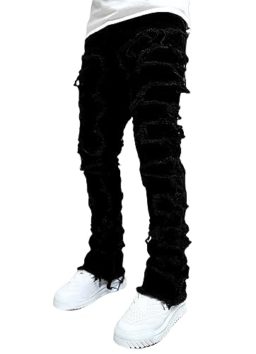 Loalirando Herren Trendy Elastische Patch Jeans Skinny Stretch Gerade Denim Hosen Streetwear (Schwarz, XL) von Loalirando