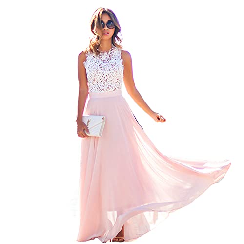 Loalirando Kleid für Damen, elegant, ohne Ärmel, aus Spitze, langes Kleid mit hoher Taille, modisches Kleid für Party, Geburtstag, Hochzeit, Mädchen, S-XXL, Trapez, Pink M von Loalirando