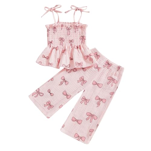 Loalirando Kleinkidner Baby Mädchen Musselin Kleidung Set Ärmellos Oberteil + Hose Sommer Outfits Kinderkleidung Bekleidungssets für Baby-Mädchen (Rosa Schleifendruck Rosa, 18-24 Monate) von Loalirando
