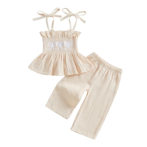 Loalirando Kleinkinder Baby Mädchen Musselin Kleidung Set Ärmellos Oberteil + Hose Sommer Outfits Kinderkleidung Bekleidungssets für Baby-Mädchen (Kleine Schleifen Apricot, 2-3 Jahre) von Loalirando