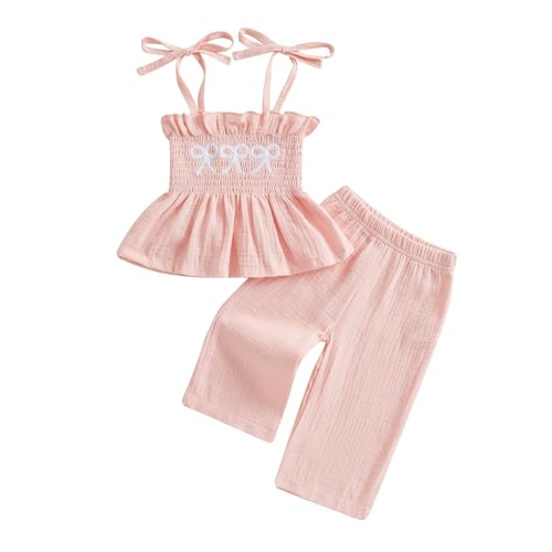 Loalirando Kleinkinder Baby Mädchen Musselin Kleidung Set Ärmellos Oberteil + Hose Sommer Outfits Kinderkleidung Bekleidungssets für Baby-Mädchen (Kleine Schleifen Pink, 3-4 Jahre) von Loalirando