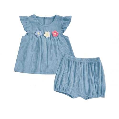 Loalirando Kleinkinder Baby Mädchen Musselin Kleidung Set Rüschenärmel Oberteil mit 3D Strickblumen + Shorts Sommer Outfits Kinderkleidung Bekleidungssets für Baby-Mädchen (Blau, 12-18 Monate) von Loalirando
