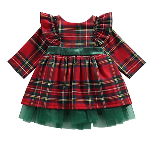 Loalirando Mädchen Langarm Weihnachtskleid mit Plaid Aufdruck Bowknot Prinzessin Festliches Partykleid (Rot Grün, 1-2 Jahre) von Loalirando