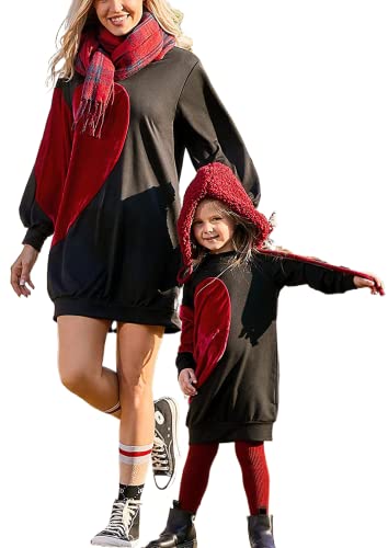 Loalirando Mutter Tochter Sweatshirt Pullover Partnerlook Herz Patchwork Langarmshirt Langes Pulloverkleid Tunika Kleid (Schwarz/Mutter, XL) von Loalirando