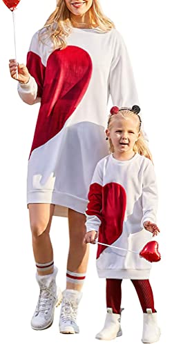 Loalirando Mutter Tochter Sweatshirt Pullover Partnerlook Herz Patchwork Langarmshirt Langes Pulloverkleid Tunika Kleid (Weiß/Mutter, S) von Loalirando