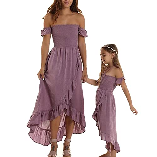 Loalirando Mutter und Tochter Elegante lange Kleider Familie Sommer Schulterfrei Kleid Prinzessin Mädchen/Elegante Damenkleider, violett, S von Loalirando