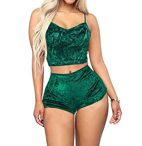 Loalirando Nachtwäsche Damen Sexy Set Schlafanzug Samt Kurz Träger Nachthemd Babydoll Pyjama Shorts Negligee Dessous (M, Grün) von Loalirando