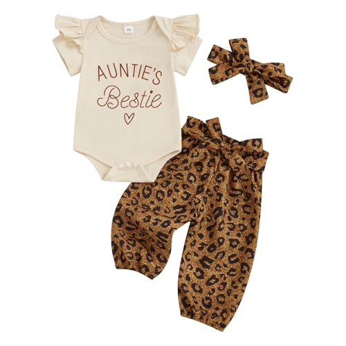 Loalirando Neugeborene Baby Mädchen Aunties Bestie Sommer Kleidung Set Kurzarmer Body + Leopardenmuster Hose + Stirnband Bekleidungssets für Baby-Mädchen (Khaki, 6-12 Monate) von Loalirando