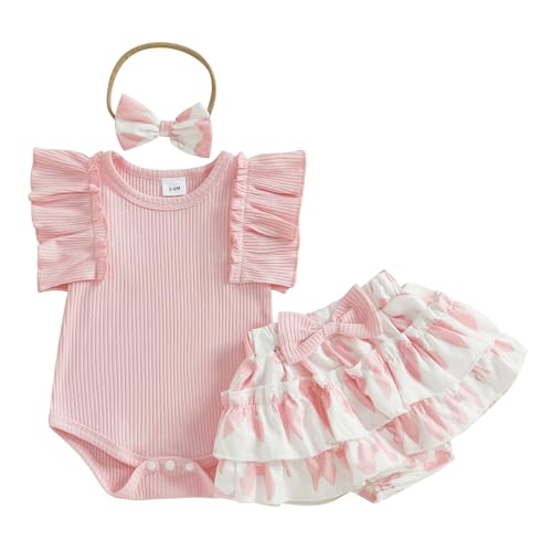 Loalirando Neugeborene Baby Mädchen Sommer Kleidung Set Ärmellos Body + Bloomers Shorts + Stirnband Bekleidungssets für Baby-Mädchen (Gerippt Hellrosa, 0-3 Monate) von Loalirando