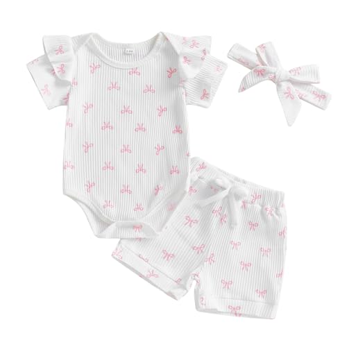 Loalirando Neugeborene Baby Mädchen Sommer Kleidung Set Kurzarm Gerippt Body + Shorts + Stirnband Bekleidungssets für Baby-Mädchen (Hellpink Kleine Schleife Weiß, 6-12 Monate) von Loalirando