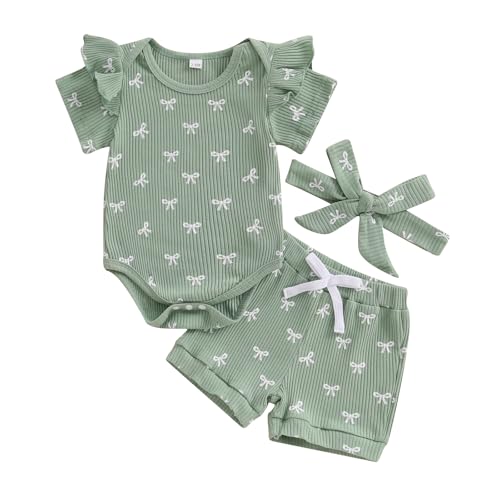 Loalirando Neugeborene Baby Mädchen Sommer Kleidung Set Kurzarm Gerippt Body + Shorts + Stirnband Bekleidungssets für Baby-Mädchen (Weiße Kleine Schleife Hellgrün, 6-12 Monate) von Loalirando