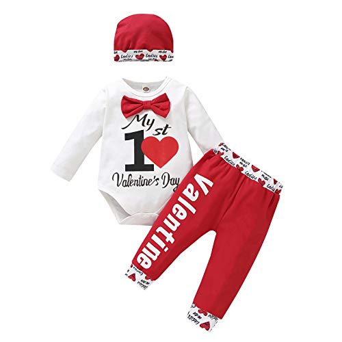 Loalirando Neugeborenes Baby Jungen Valentinstag Outfits Mein 1. Valentinstag Strampler Body Herz Hose Hut 3-teiliges Kleidungsset Gr. 80, Weiß/Rot von Loalirando