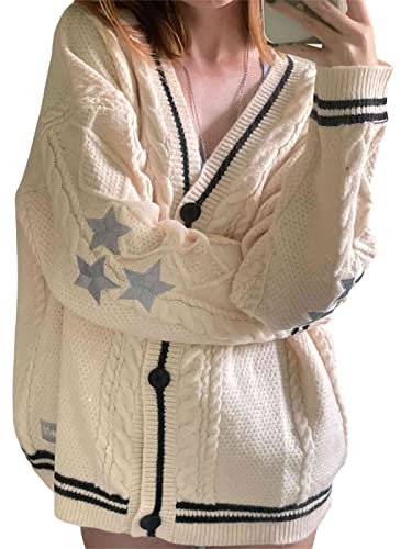 Loalirando Schöne Damen V-Ausschnitt Strickjacke mit Knopf Sternemuster Langarm Cardigan Warm Gestrickte Pullover Strickmantel (Beige, L) von Loalirando