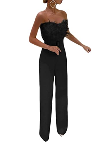 Loalirando Schöner Damen Jumpsuit Feder Hosenanzug Bandeau Top Playsuit Hochzeit Business Overall Frühling Einteiler (Schwarz, L) von Loalirando