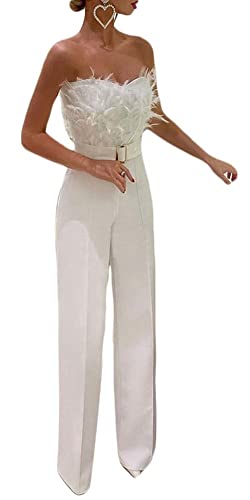 Loalirando Schöner Damen Jumpsuit Feder Hosenanzug Bandeau Top Playsuit Hochzeit Business Overall Frühling Einteiler (Weiß, M) von Loalirando