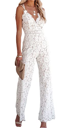 Loalirando Schöner Damen Jumpsuit Feder Hosenanzug Bandeau Top Playsuit Hochzeit Business Overall Frühling Einteiler (Weiß/Spitzen, S) von Loalirando