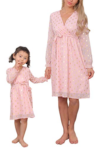 Loalirando Schönes Mutter Tochter Chiffon Langarm Wickelkleid Polka Dots Matching Outfits Familien Kleidung Prinzessin Kleid (S, Hellrosa/Mutter) von Loalirando