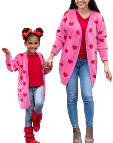 Loalirando Schönes Mutter Tochter Strickjacke Herz Matching Outfits Familien Kleidung Warm Cardigan Sweater mit Taschen (Mom, Rosa, XL) von Loalirando