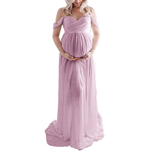 Loalirando Schwangerschaftskleid für Fotoshooting, aus Chiffon, leicht, Maxi-Kleid, schulterfrei, für Fotografie, Rosa / Violett, Large von Loalirando
