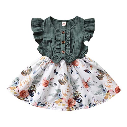 Loalirando Sommer Kleinkind Baby Mädchen Rüschen Ärmel Blumen Drucken Bowknot A-Linie Sundress Tutu Röcke Party Kleid Einteiler Outfits Gr. 92, grün von Loalirando