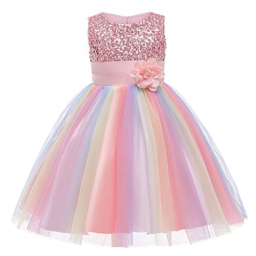 Loalirando Sommerkleid, Kleinkind, Baby, Mädchen, Blume, Pailletten, runder Kragen, ärmellos, formelles Kleid, Hochzeit, Party, Tutu, Sommerkleid Gr. 4-5 Jahre, rose von Loalirando