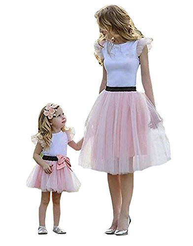 Loralirando Schönes Mutter Tochter Kleider Matching Outfits Familien Kleidung Spitzen Prinzessin Kleid Rosa, Tochter, L von Loalirando