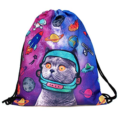 Lobagve Bohemian Kordelzug Rucksack Light Cinch Bag Gym Sack String Bag, 5334 Galaxy Cat, Einheitsgröße, Lässig mit Cartoon-Verzierungen von Lobagve