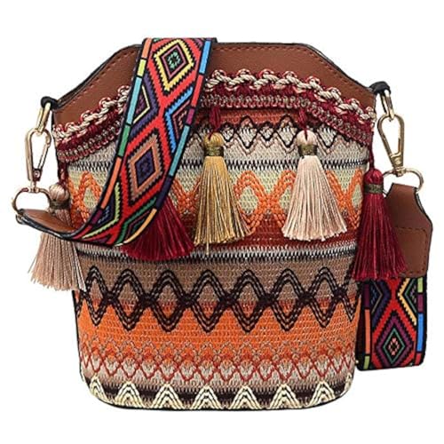 Lobamop Mode BöHmischen Ethnischen Frauen Stroh Gewebte Schulter UmhäNgetasche Retro Casual Quaste Eimer Tasche von Lobamop