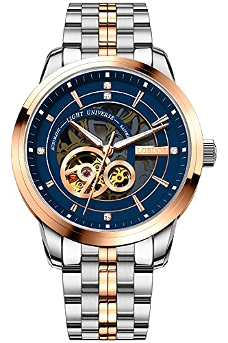 Lobinni Herren Golden Edelstahl Skelett Automatisch Mechanisch Kleid Analog Business Freizeit Mode Luxus Kalender Uhr, roséblau, Mechanisch von LOBINNI